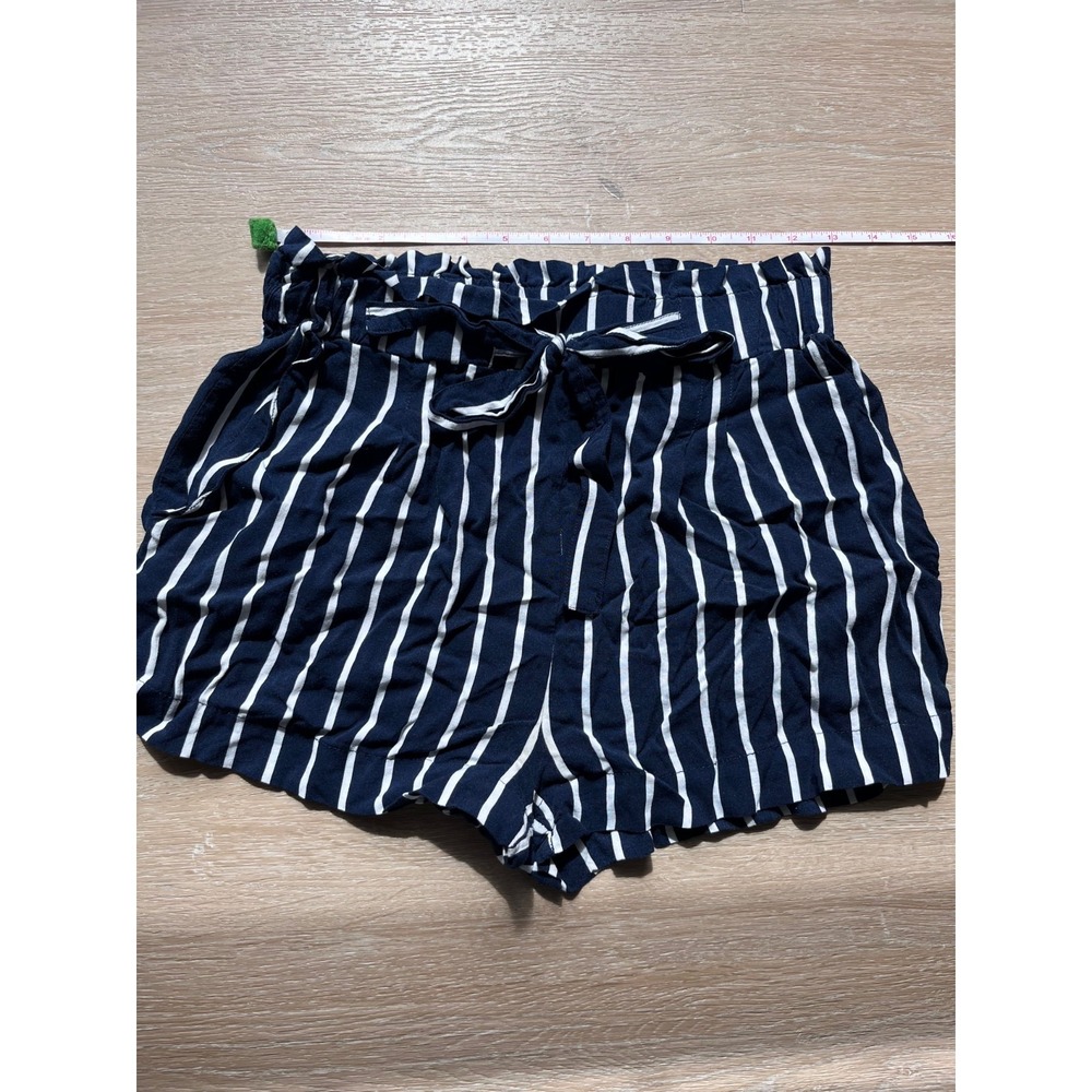 Womens Paperbag Shorts 26W Navy Blue White Striped Self Tie Waist Frill Trim